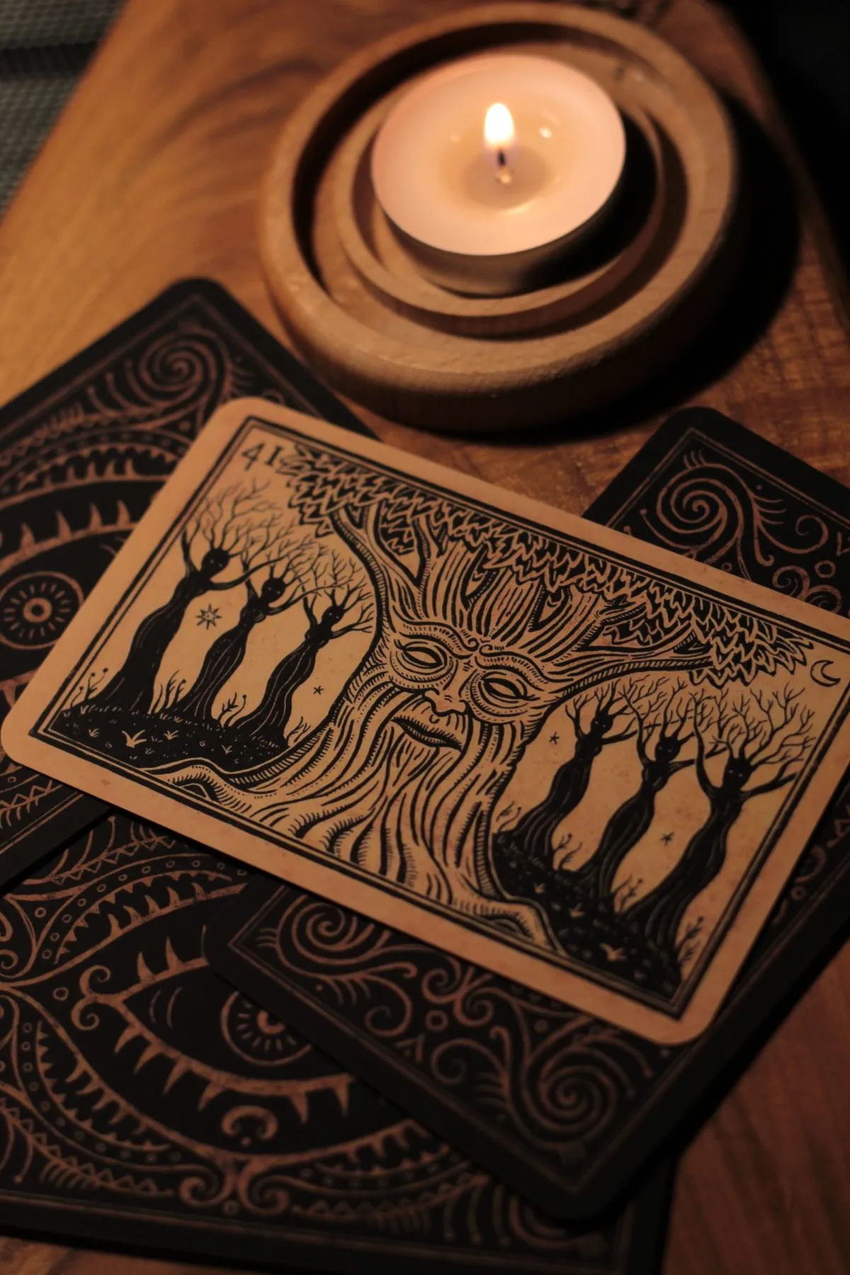 Tarot cards illuminated by candlelight in a dim, atmospheric setting