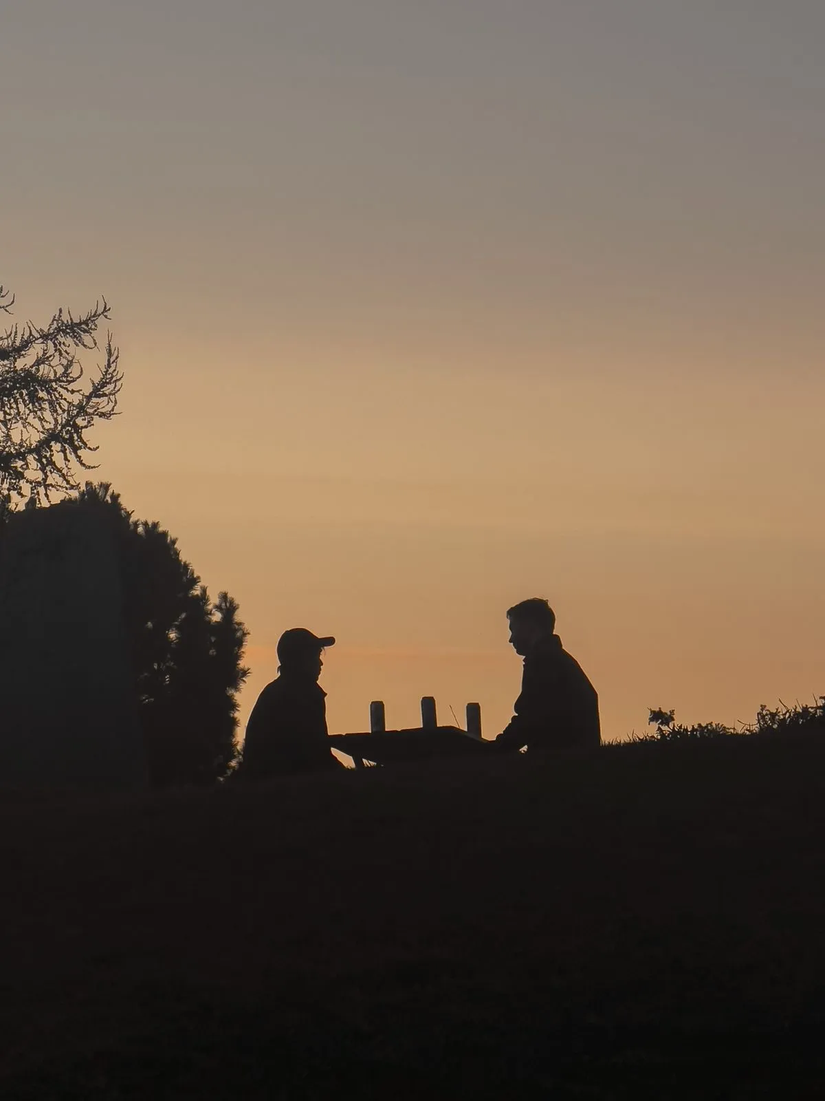 Two friends in silhouette sitting together during a vibrant sunset