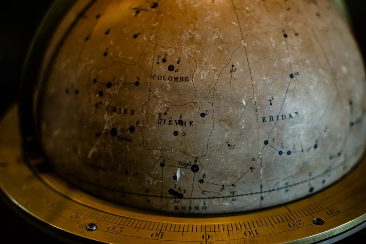 A vintage celestial globe showing constellations in detail